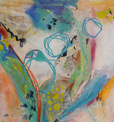 "Running In Circles 1" 16 x 16 Mixed Media- Acrylic, Inks, Collage