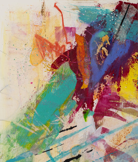 "Fireworks" Mixed Media - Acrylic, collage and inks (7.5 x 7.5), with white 12 x 12 mat