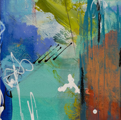 "Swim at Sunset 2" 3.9 x 4.3 Acrylic ,Ink, and Oil Pastels On Water Color Paper.