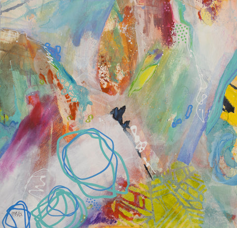 "Running In Circles 2" 16 x 16 Mixed Media- Acrylic, Inks, Collage