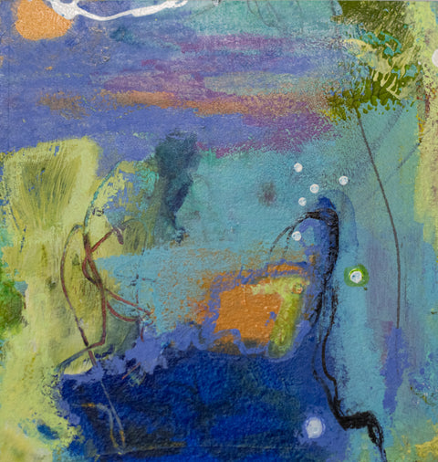 "Swim at Sunset 1" 3.9 x 4.3 Acrylic ,Ink, and Oil Pastels On Water Color Paper.