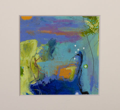 "Swim at Sunset 1" 3.9 x 4.3 Acrylic ,Ink, and Oil Pastels On Water Color Paper.