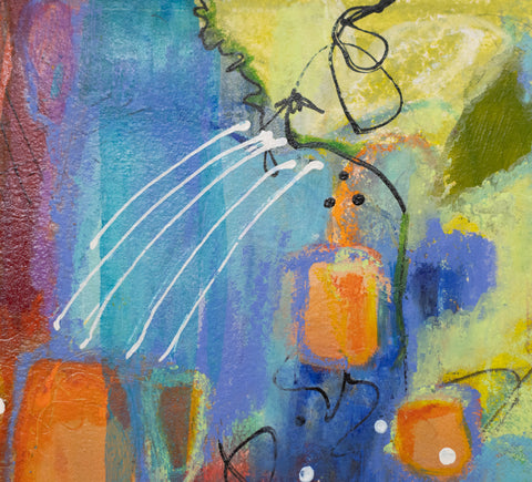 "Swim at Sunset 3" 3.9 x 4.3 Acrylic ,Ink, and Oil Pastels On Water Color Paper.