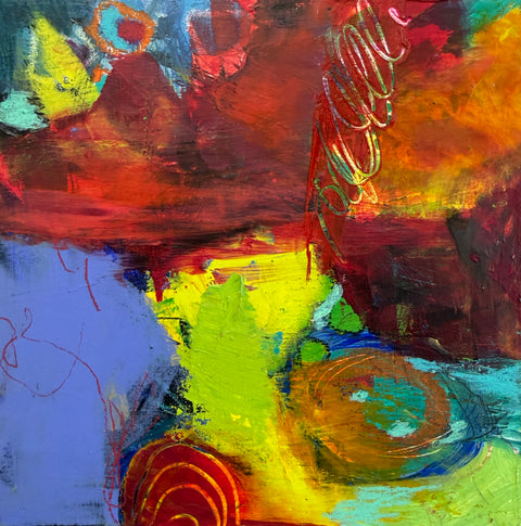 "Electric Grove"  5 3/4 X 5 3/4 Cold Wax & Oil On Cradle Board