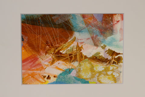 "By the Sea" Mixed Media - Acrylic, collage, & inks 4.5 x 6.5 artwork, with 8 x 10 mat