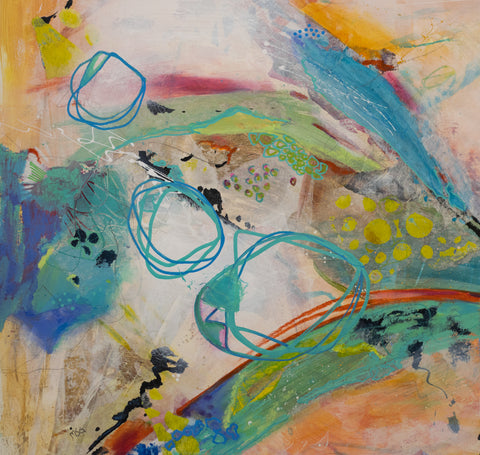 "Running In Circles 1" 16 x 16 Mixed Media- Acrylic, Inks, Collage